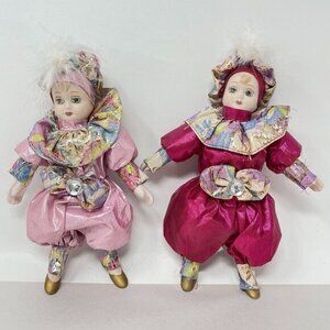 Vintage Venetian Porcelain Harlequin Dolls Painted Face‎ Metallic 9" Collectible